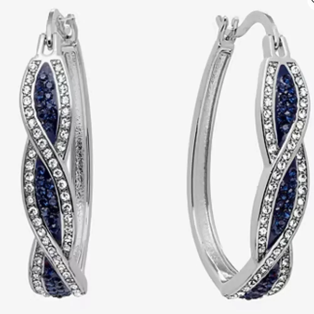 Sparkle Allure Blue Crystal Stones Silver Plated 35mm Hinge Hoop Earrings NIB
